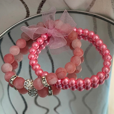 Luxusní náramky (2 ks) – růžový nefrit a růžové sklo